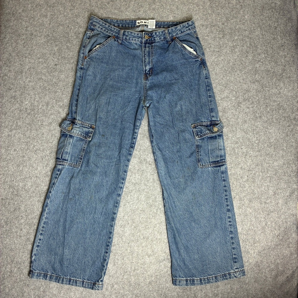 SONG Jeans Women 13/31 34x29 Cargo Jeans Medium Wash Wide Leg Blue Denim Pockets